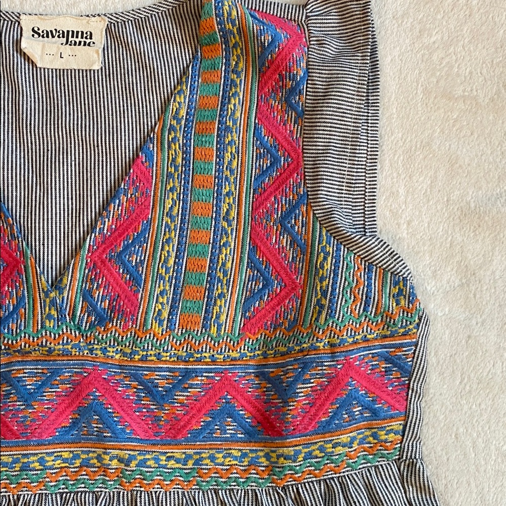 Savannah Jane pinstripe colorful embroidered flutter sleeve v-neck top Sz L - Picture 5 of 9